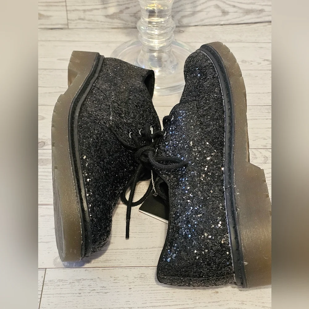 Zara Kids Black Glitter Chunky Platform Shoes Lace Up Clear Sole Size 35 EU / 6